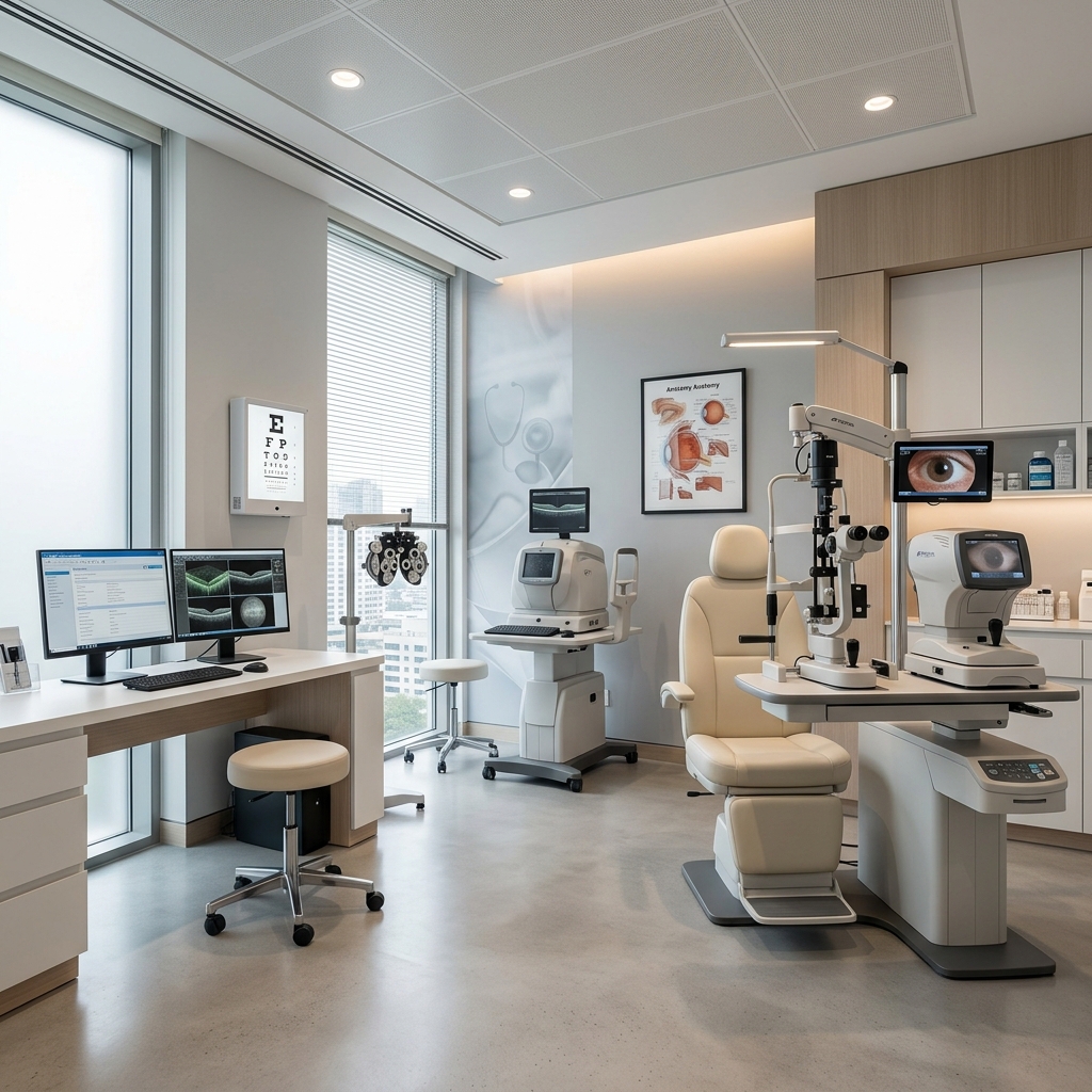 Ophthalmology eye consultation room with modern testing chairs and optical diagnostic equipment.