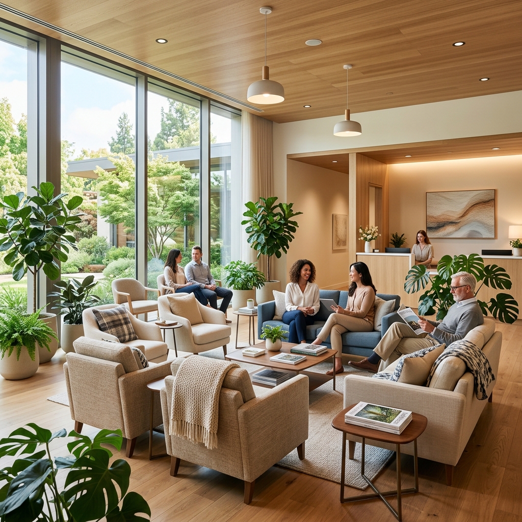 Comfortable patient waiting lounge with soft seating, wood ceiling, and tall windows looking out.